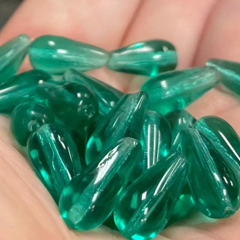 25 Green Zircon Czech Teardrop Glass Beads