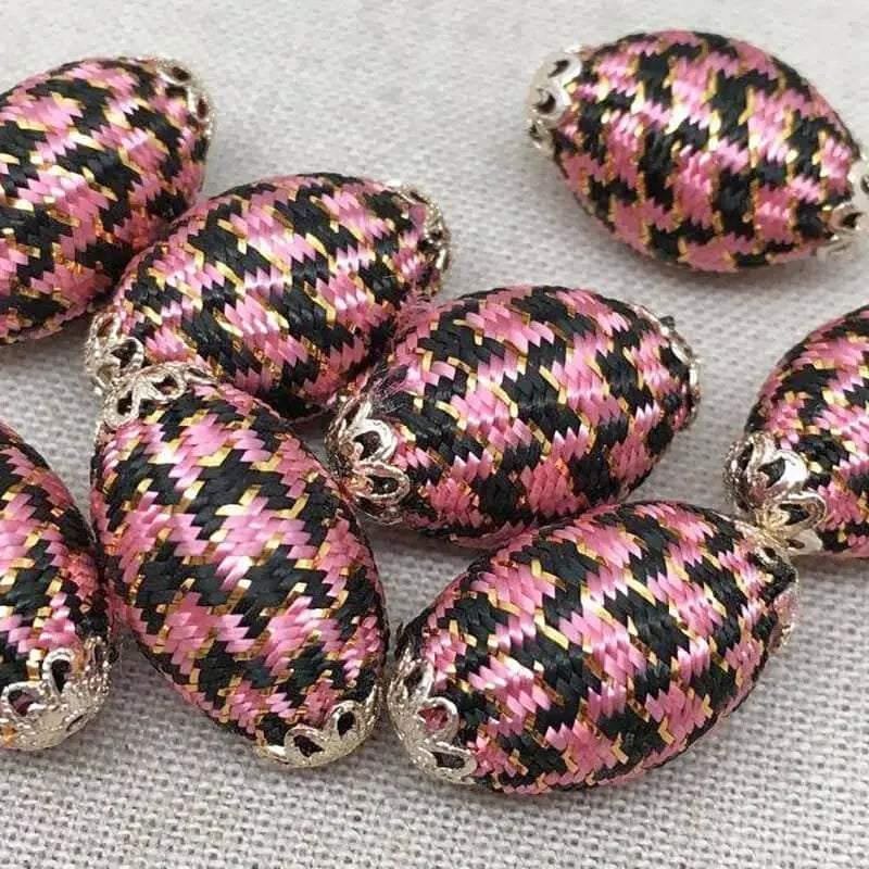 4 Vintage Pink Black Japan Woven Easter Egg Beads