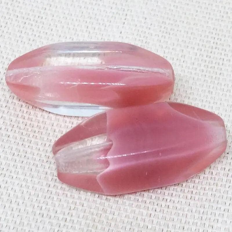2 Vintage Pink Clear Givre German Oval Glass Beads