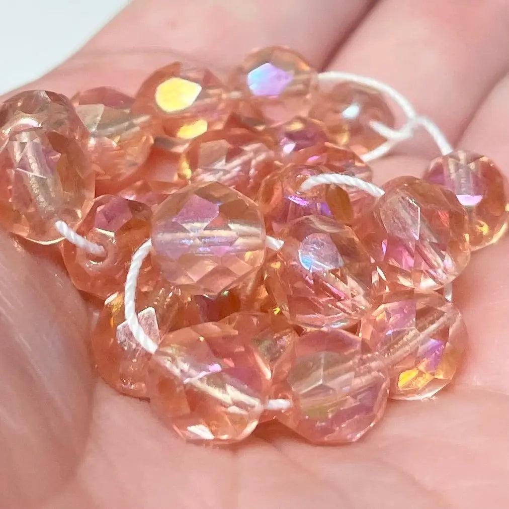 50 Peach Pink AB Czech Fire Polished Glass Beads
