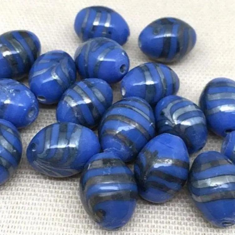 10 Vintage Blue Silver Striped Oval Glass Beads
