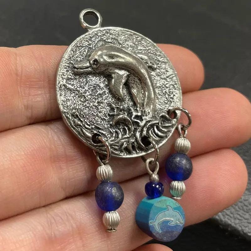 1 Vintage Silver Pewter Dolphin Metal Pendant