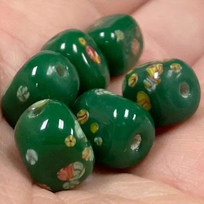 6 Vintage Green Japan Millefiori Floral Cube Glass Beads  #9193