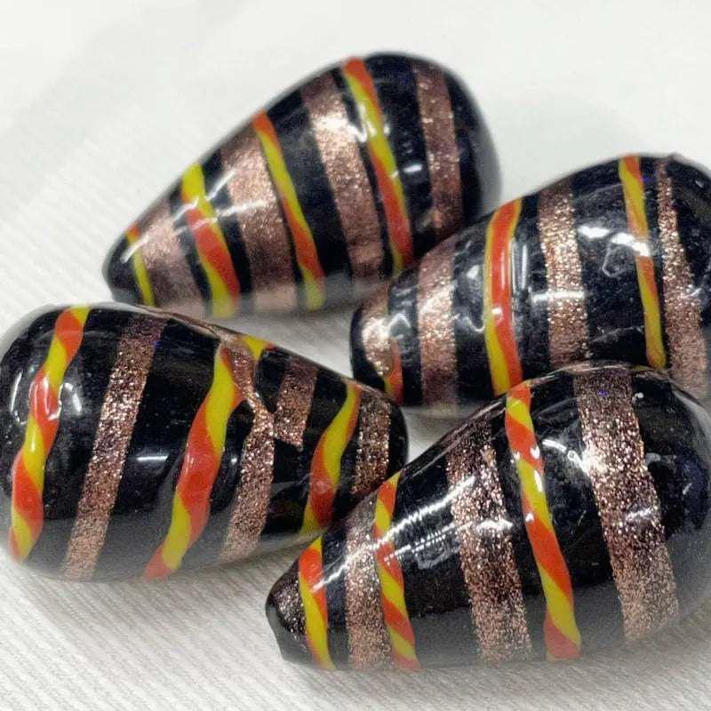 4 Vintage Black Ribbon Striped Teardrop Glass Beads