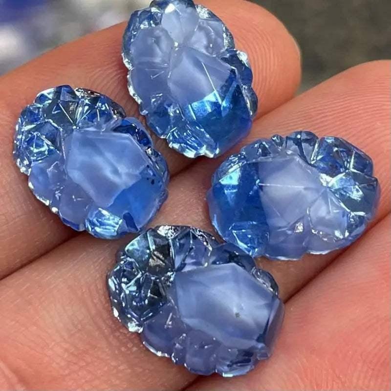 2 Vintage Blue Sapphire German Givre Oval Glass Cabochons