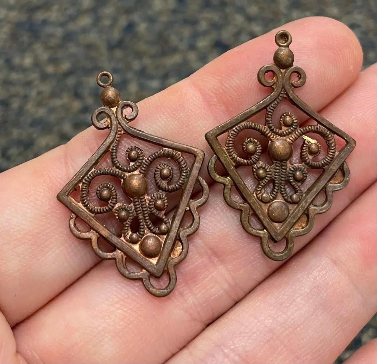 2 Victorian Red Brass Metal Pendants