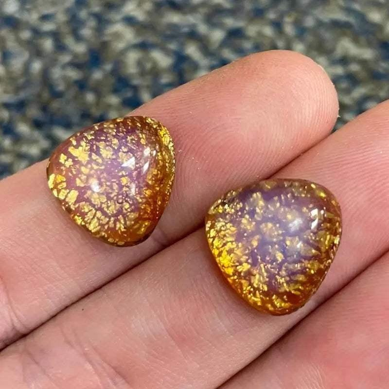 2 Vintage Topaz Foil Japan Triangular Glass Cabochons