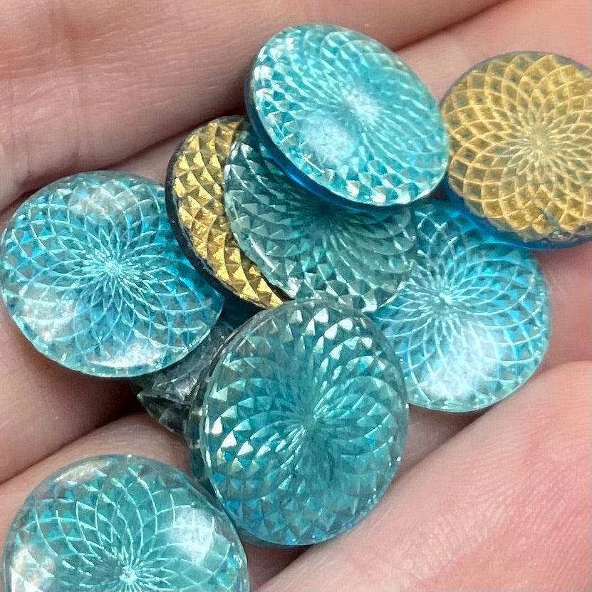 12 Vintage Blue Aqua Spirograph Round Glass Cabochons