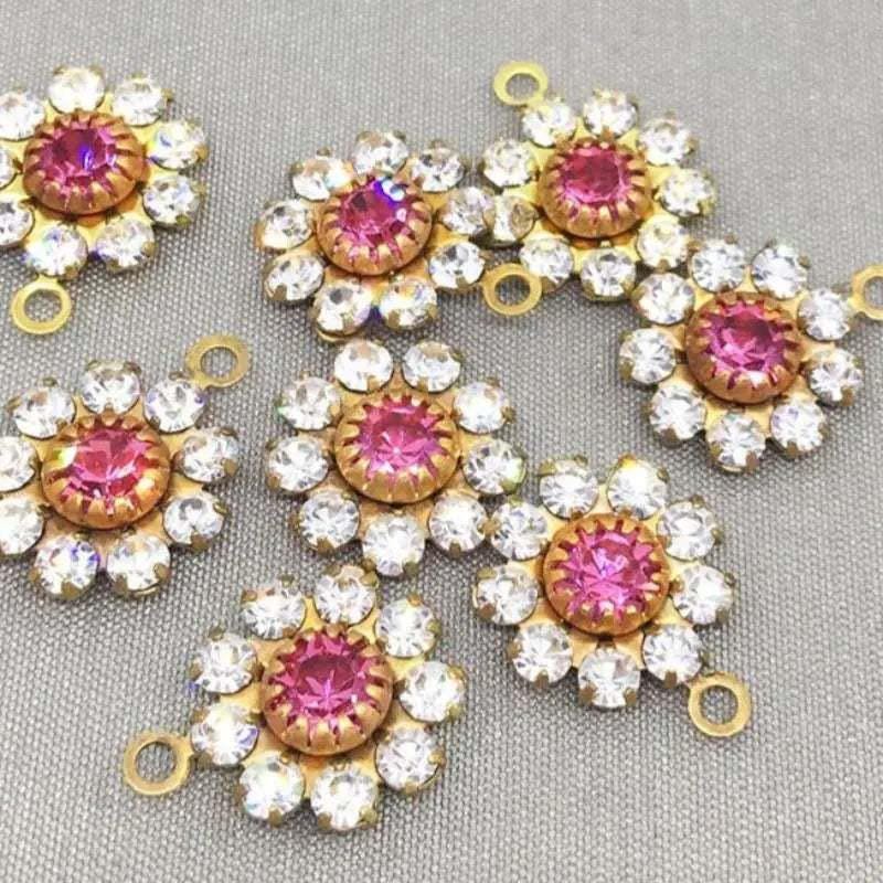 4 Vintage Pink Clear Swarovski Crystal Brass Charms