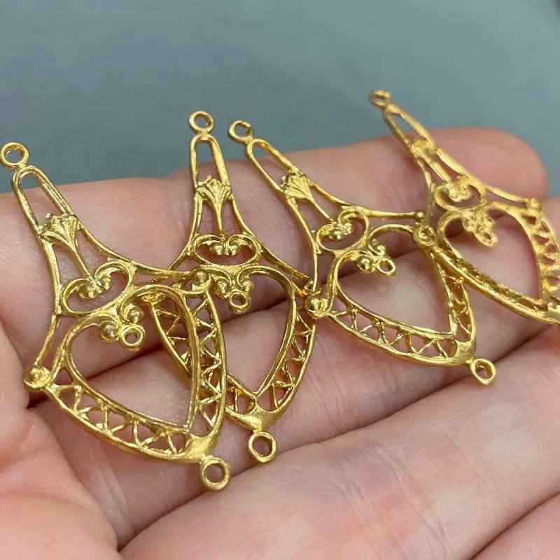 4 Vintage Brass Lattice Metal Connector Pendants