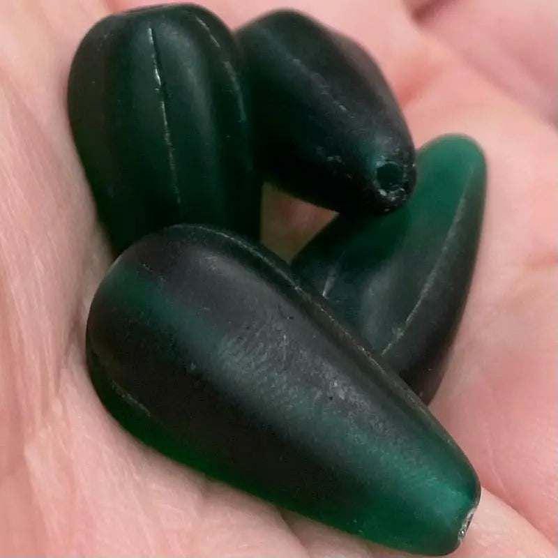 4 Vintage Green Emerald Czech Matte Teardrop Glass Beads