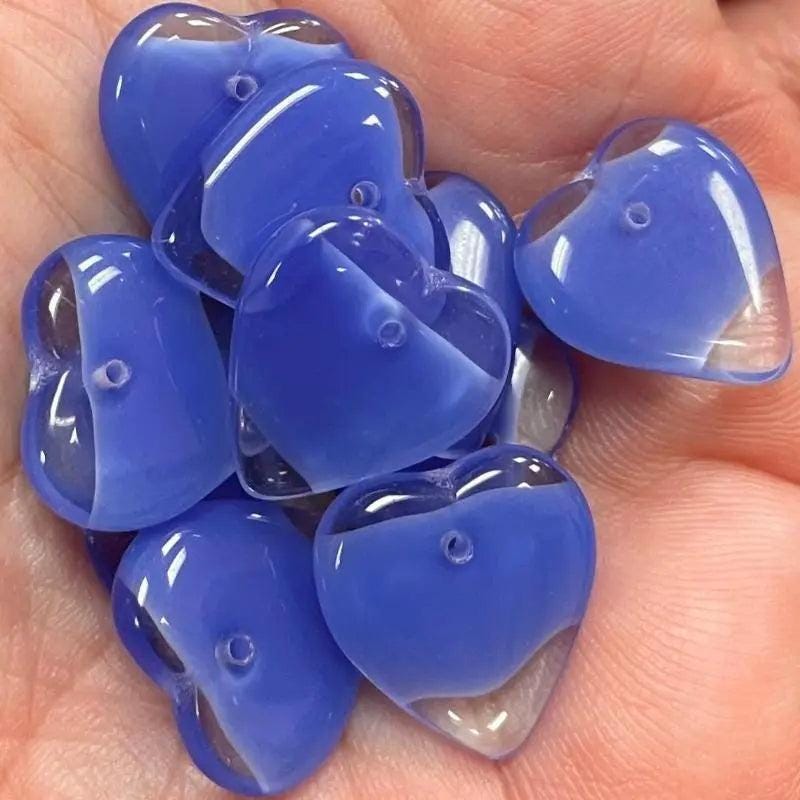 10 Vintage Blue Clear Czech Heart Glass Pendants