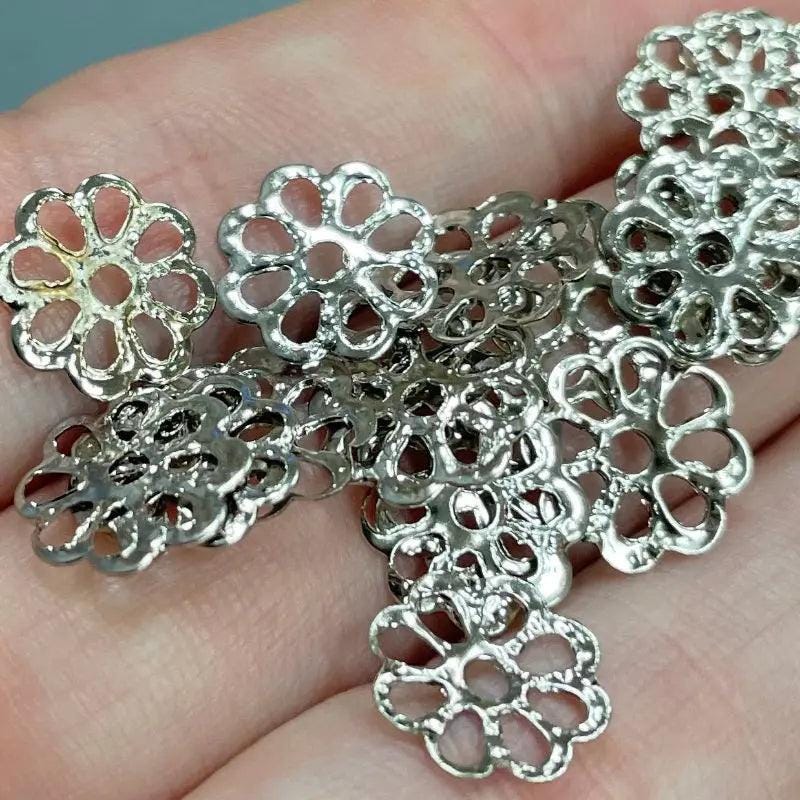 50 Vintage Silver Plated Flower Filigree Metal Pieces