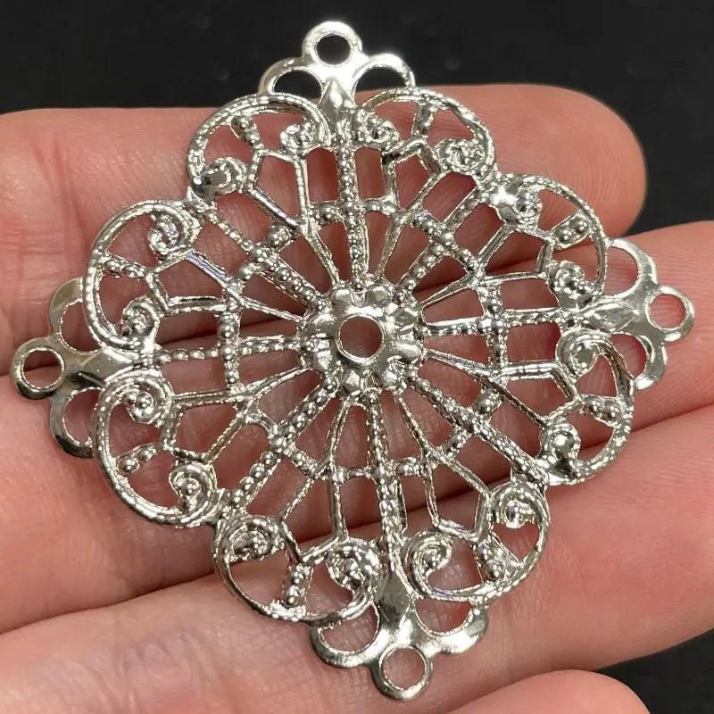 4 Vintage Silver Plated Large Filigree Square Metal Pendants