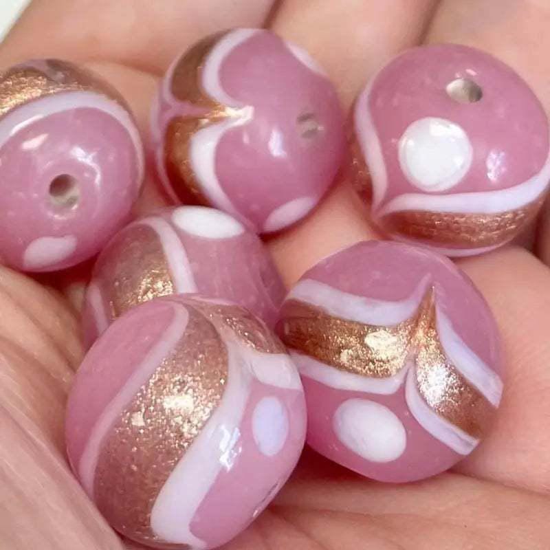 6 Vintage Pink Milky Venetian Round Glass Beads