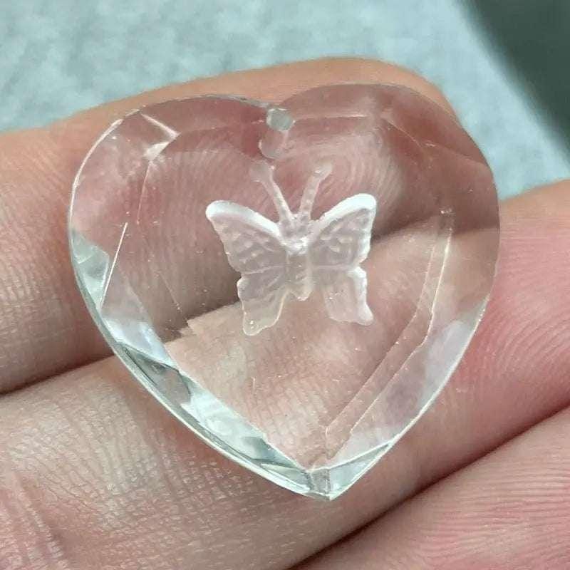 1 Vintage Clear Intaglio Butterly Heart Crystal Pendant