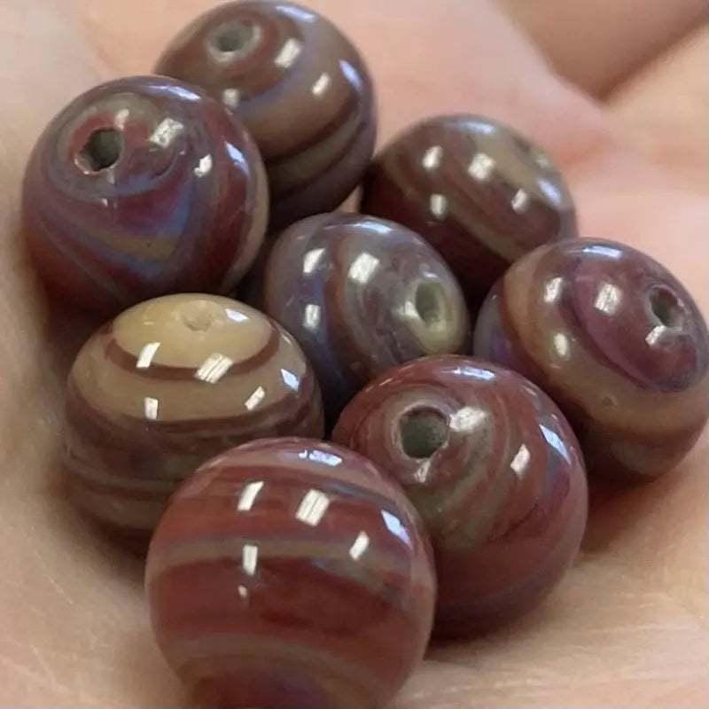 8 Vintage Brown Japan Striped Round Glass Beads