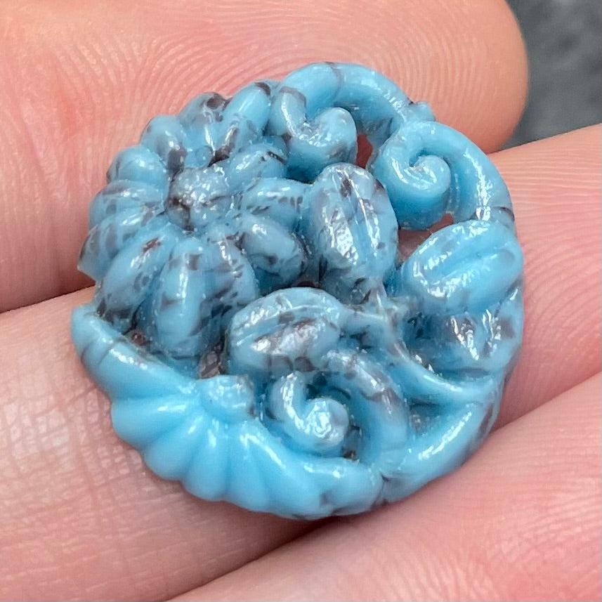 1 Vintage Blue Turquoise Japan Mottled Floral Glass Cabochon