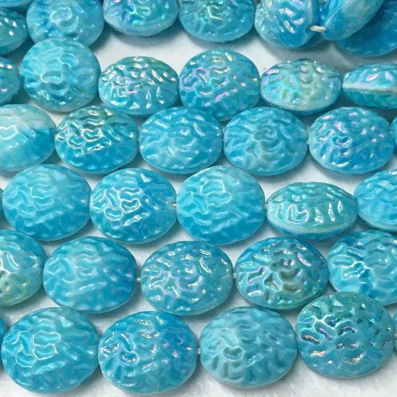 6 Vintage Blue Aqua AB Czech Pressed Coin Glass Beads