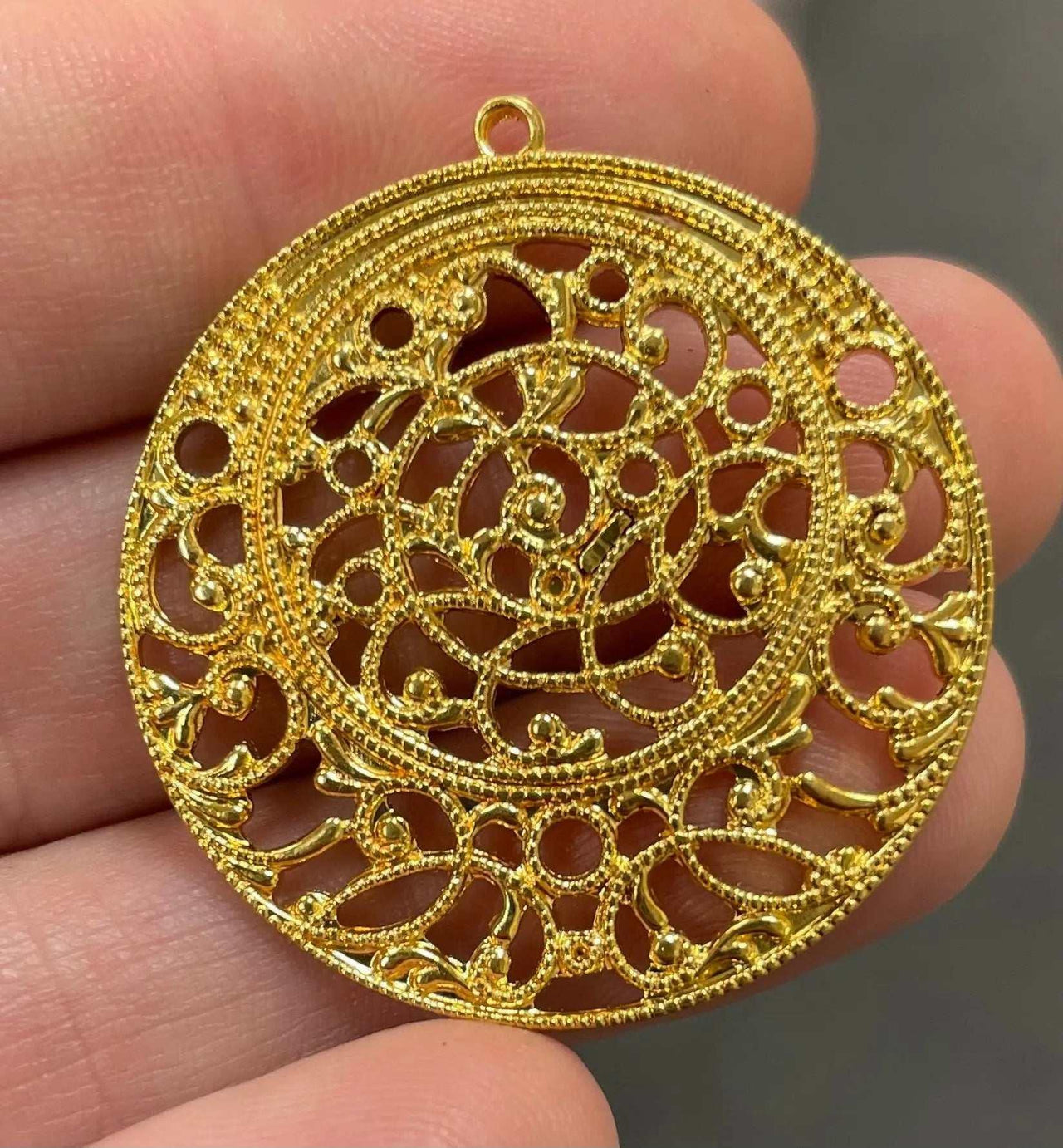 2 Gold Round Lacy Filigree Metal Pendants