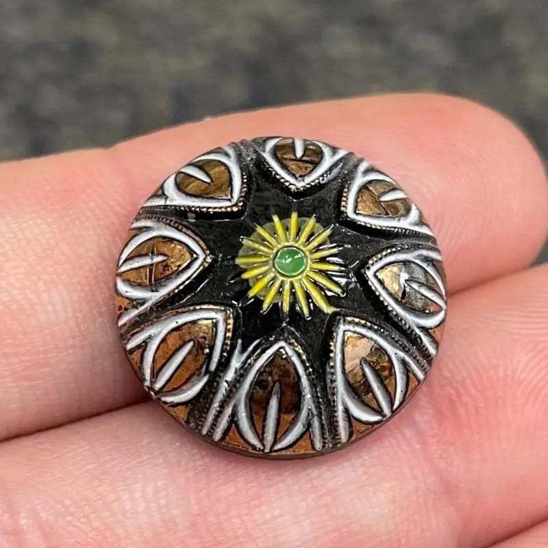 2 Vintage Fancy Vintage Black Gold Round Glass Cabochons  #9128