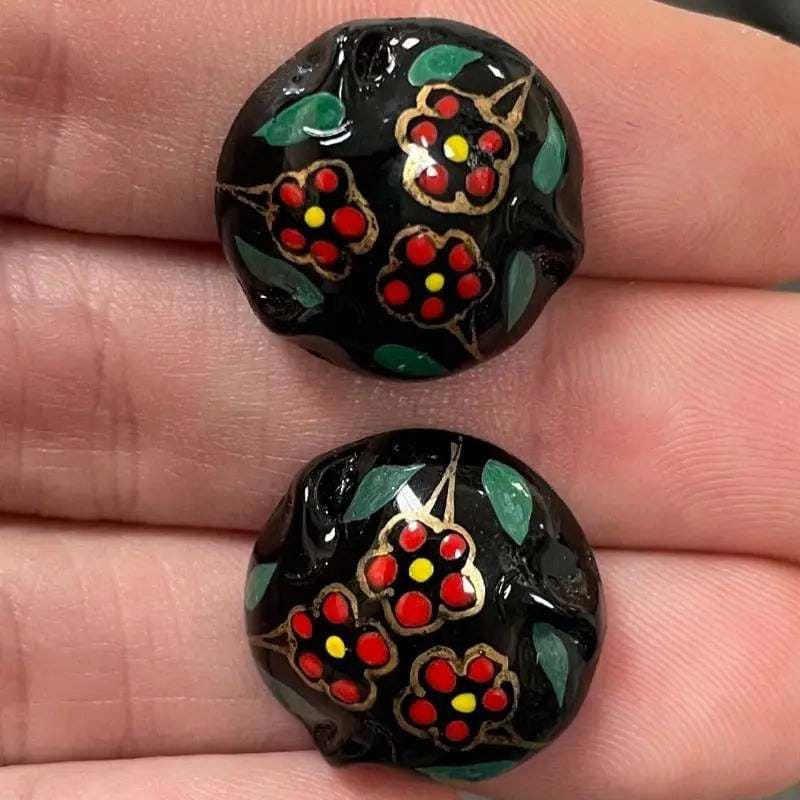 2 Vintage Black Red Posies Round Glass Cabochons