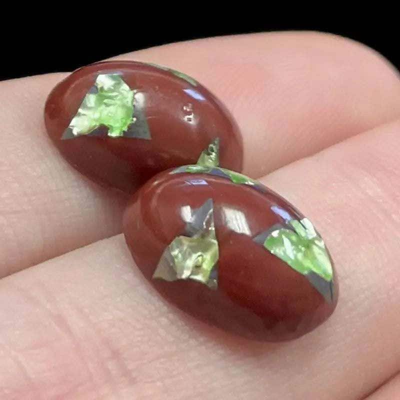 2 Vintage Brown Green Japan Foil Oval Glass Cabochons