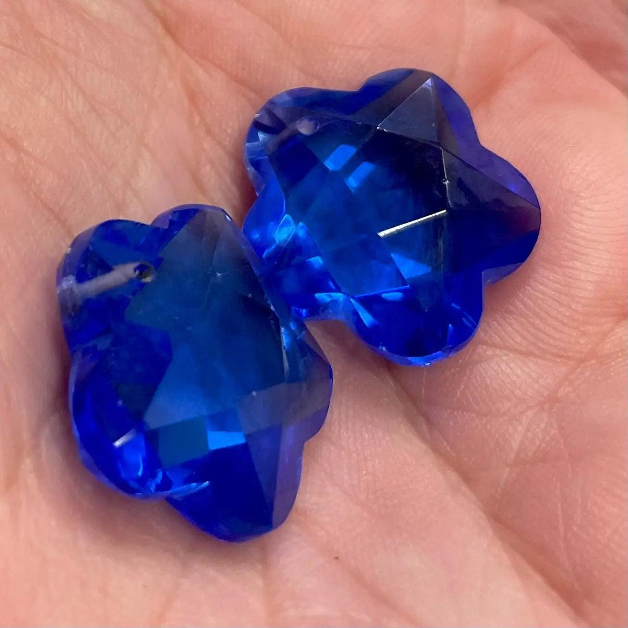 2 Vintage Blue Sapphire Dark Flower Glass Pendants