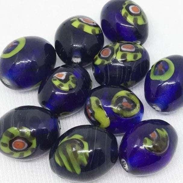 10 Vintage Blue Cobalt Millefiori Oval Glass Beads