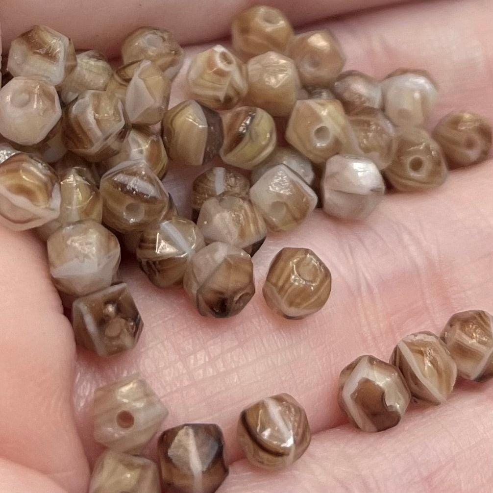 50 Vintage Striped Brown Czech Baroque Glass Beads