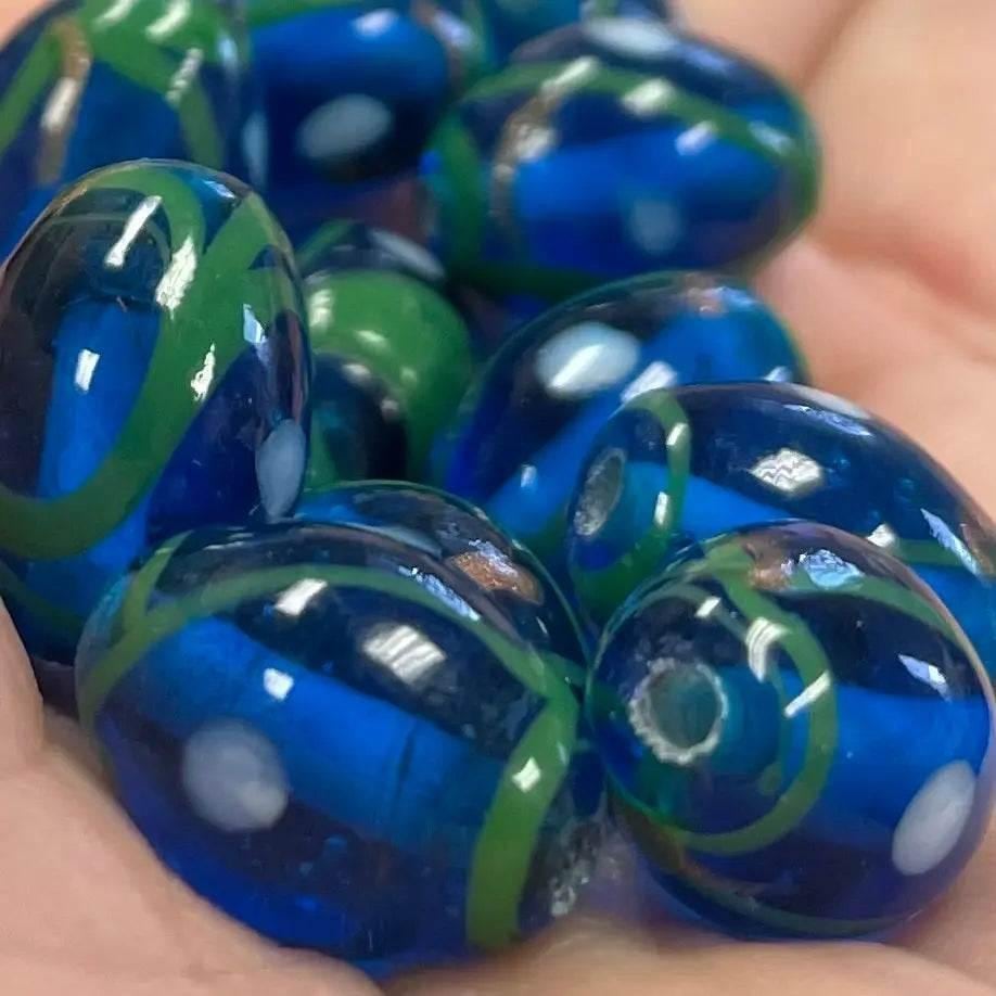 20 Vintage Blue Aqua Dark Abstract Oval Glass Beads