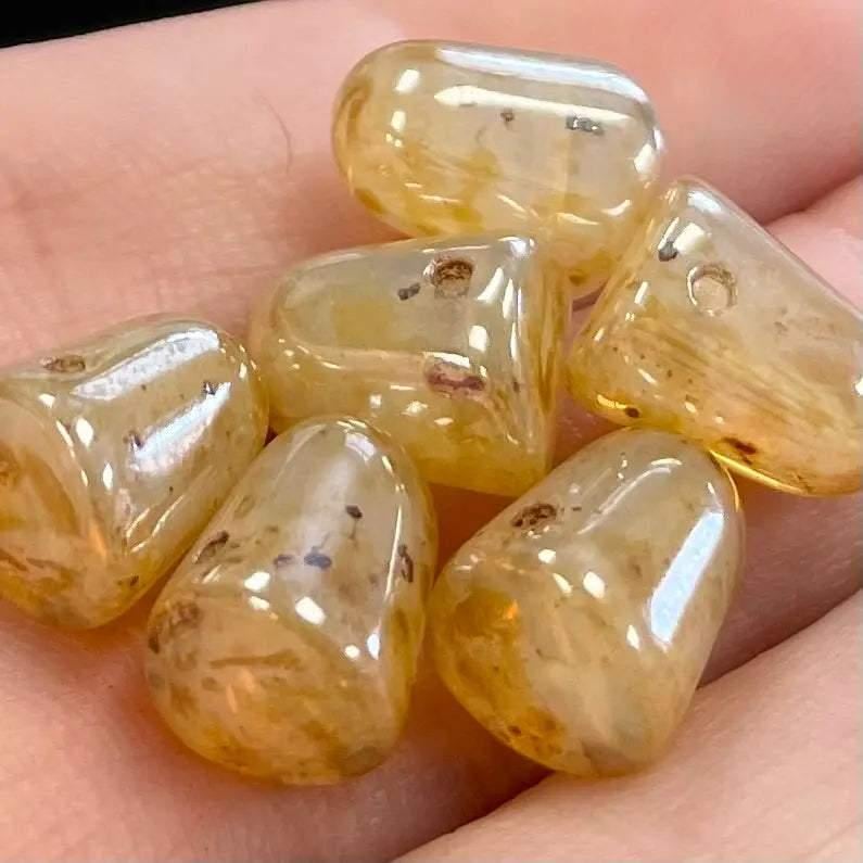 6 Gold Cream Czech Picasso Gumdrop Glass Beads