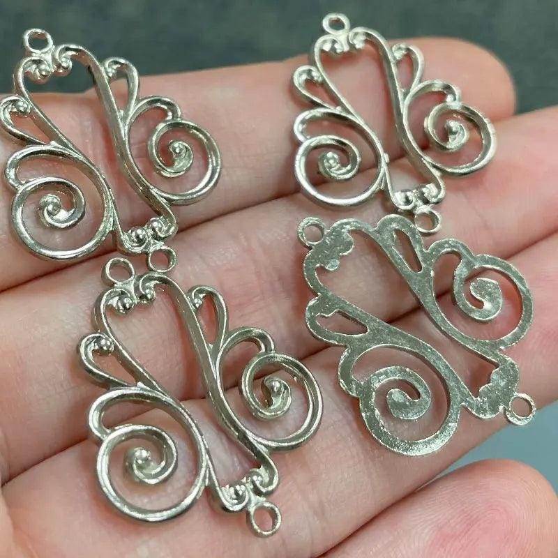 4 Vintage Silver Plated Scroll Connector Metal Pendants