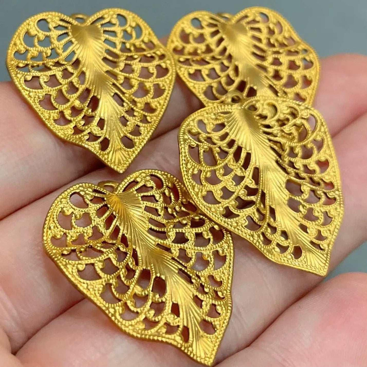 4 Vintage Brass Lacy Leaf Metal Pendants