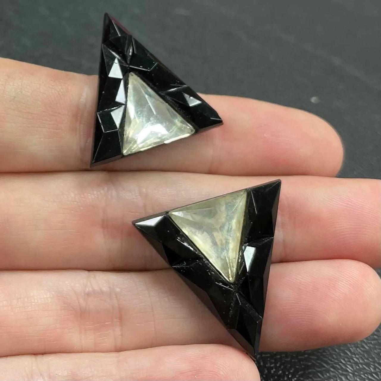 2 Vintage Black Clear Deco Triangular Glass Cabochons