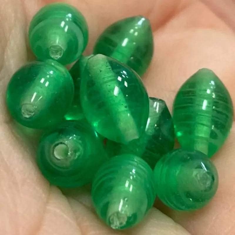 20 Vintage Japan Green Striped Oval Glass Beads #9300