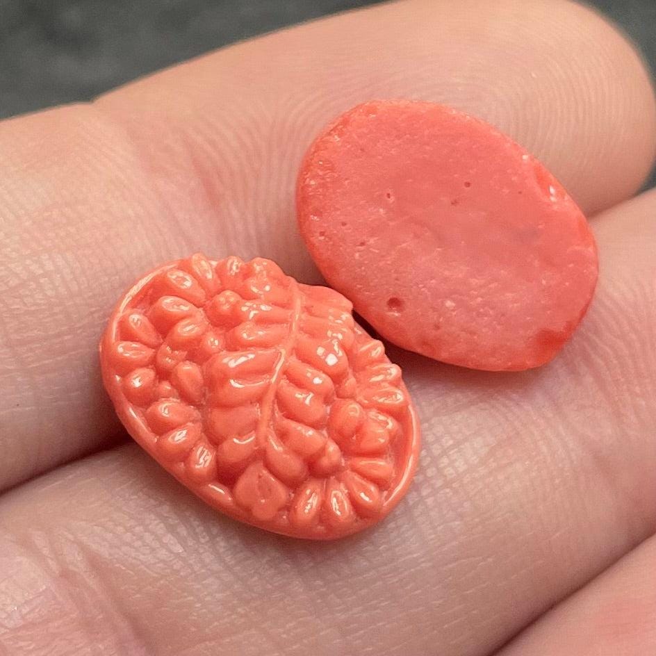 2 Vintage Coral Japan Floral Oval Glass Cabochons