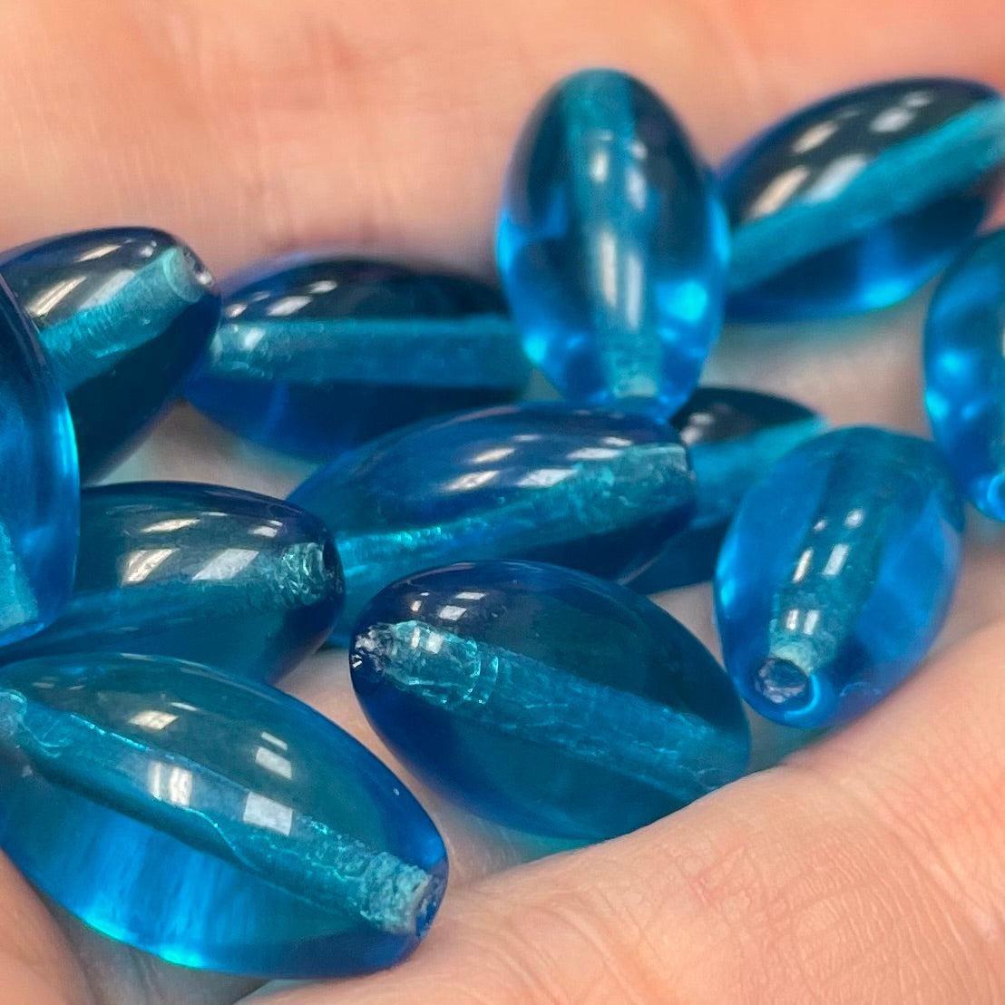 12 Vintage Dark Aqua Czech Oval Glass Beads