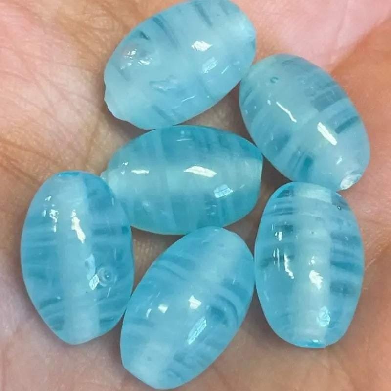 4 Vintage Blue Glacier Japan Oval Glass Beads Cherry Brand