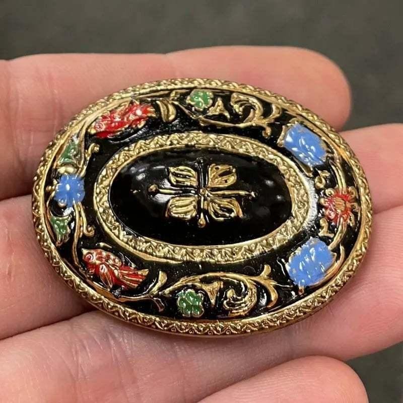 1 Vintage Black Floral Butterfly Oval Large Glass Cabochon