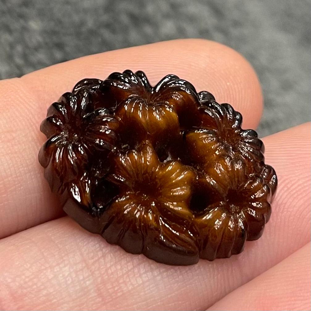 1 Vintage Caramel Brown German Floral Oval Glass Cabochon