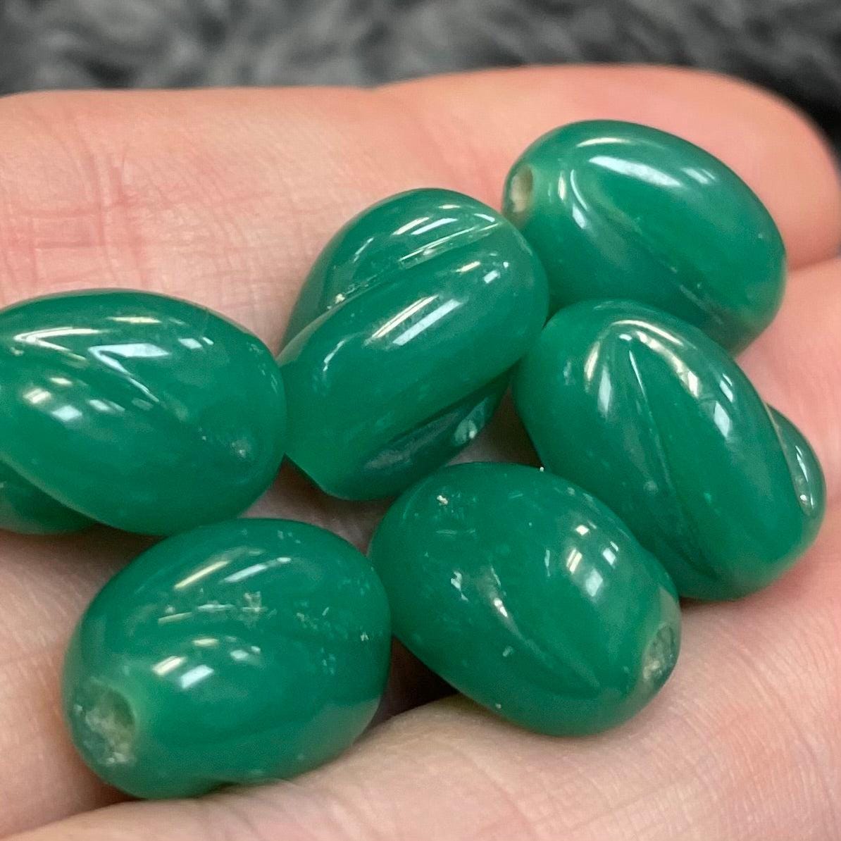 6 Vintage Opal Green Jade Japan Oval Twist Glass Beads
