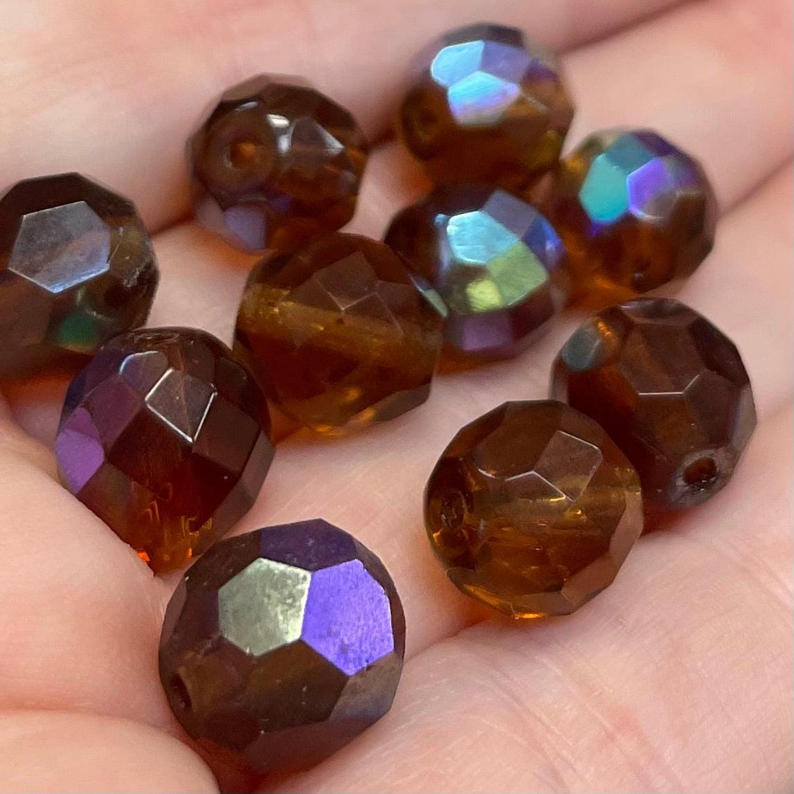 10 Vintage Light Golden Brown Czech Fire Polished Glass Beads