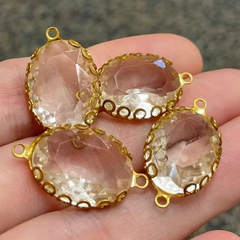 4 Vintage Clear Crystal Fancy Oval Glass Connectors