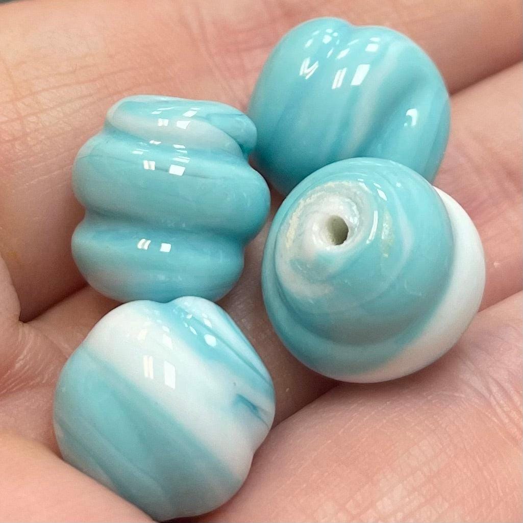 4 Vintage Japan Aqua Blue White Glass Beads #8136