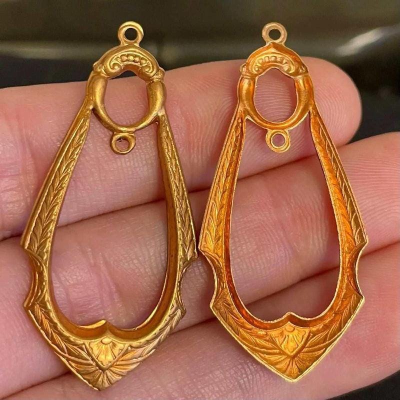 4 Vintage Brass Long Metal Pendants