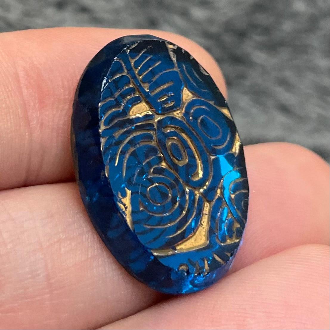 2 Vintage Blue Capri German Etched Gold Oval Glass Cabochons