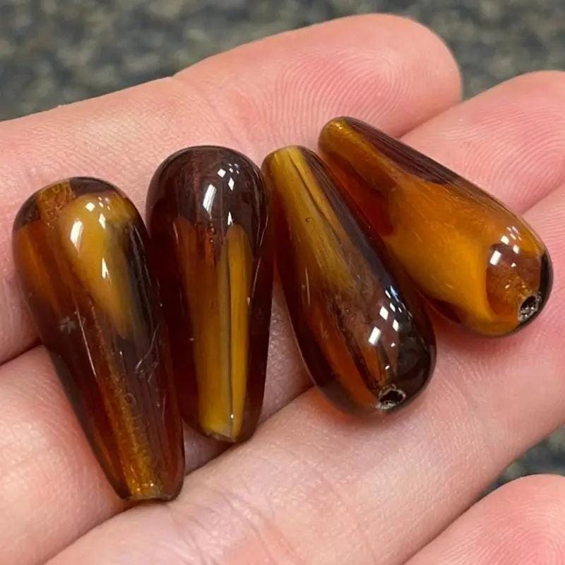 4 Vintage Topaz German Givre Teardrop Glass Beads
