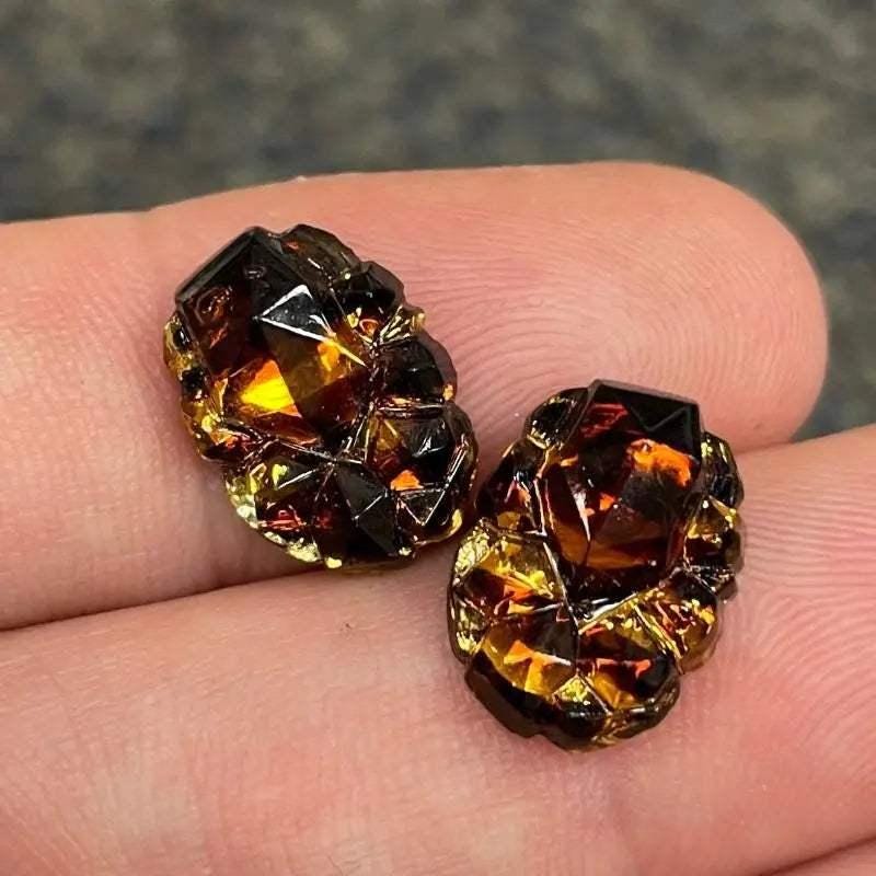 2 Vintage Amber German Tortoise Oval Glass Stones #8756