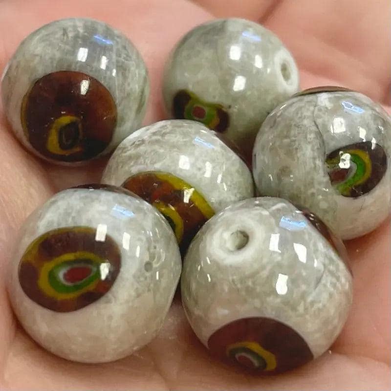 6 Vintage Grey Brown Chevron Round Glass Beads